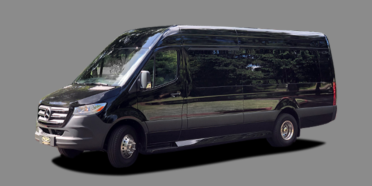 Black Mercedes-Benz luxury passenger van with tinted windows, photographed against a gray background.