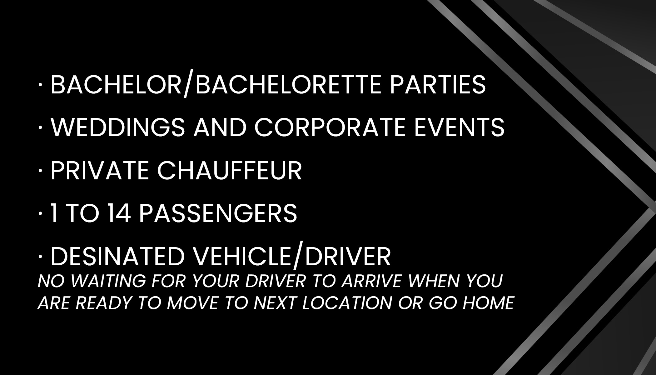 Service offerings list including bachelor/bachelorette parties, weddings, corporate events, private chauffeur, passenger capacity, and dedicated vehicle details.