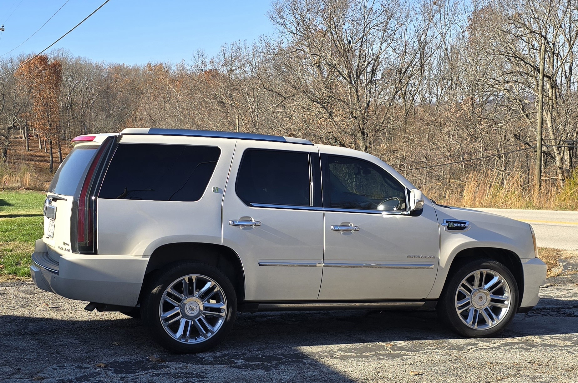 Silver Cadillac Escalade SUV parked on a driveway with bare trees in the background.