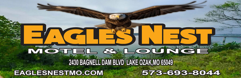 Eagles Nest Motel & Lounge logo with flying eagle and contact information displayed.
