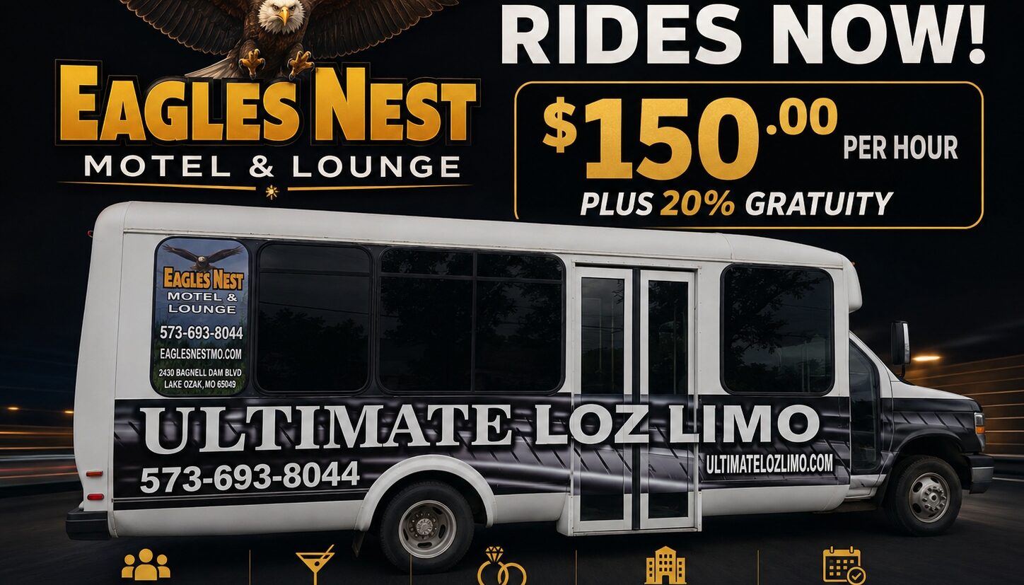 White party bus with open doors displaying limo rental pricing and contact information against a nighttime background.